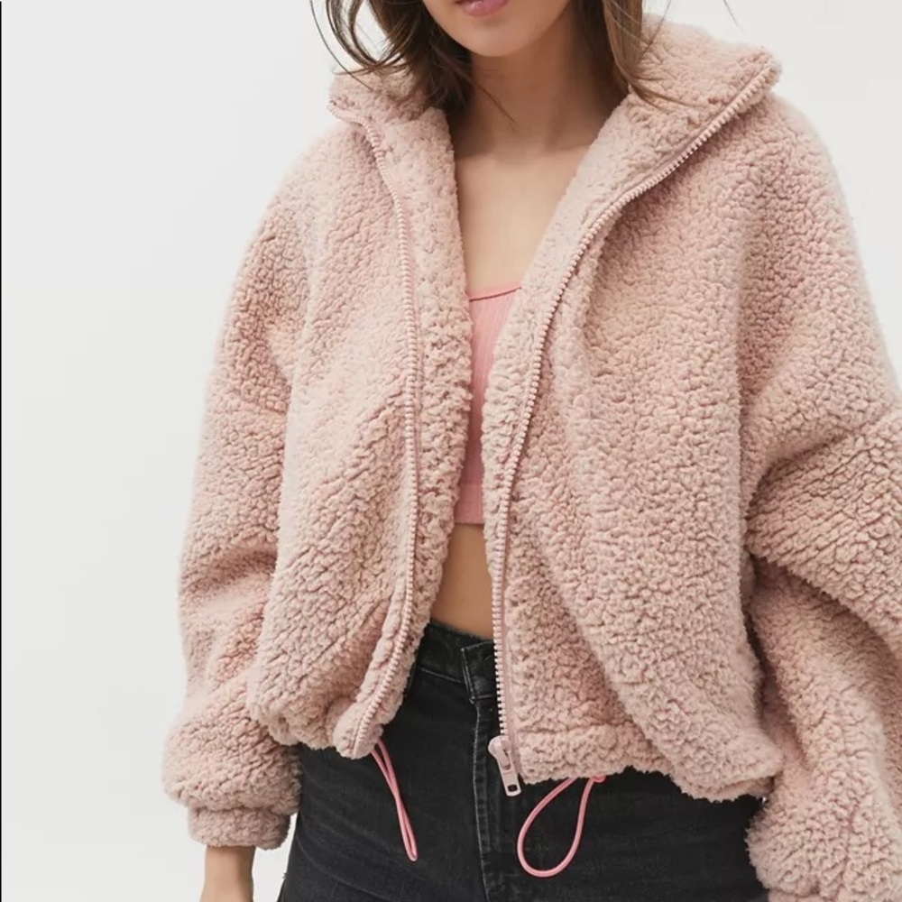 Urban Outfitters Willow Fuzzy Drawstring Teddy Jacket baby pink